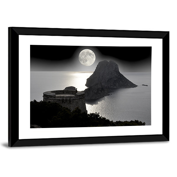 Moonlit Watchtower on Rocky Island Canvas Wall Art in black, white and gray, framed print, product view on a white background