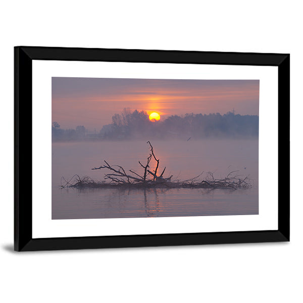 Misty Lake Sunrise Canvas Wall Art in gray, orange and purple, framed print, product view on a white background