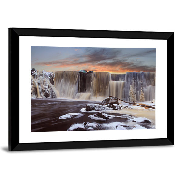 Winter Falls In Finnish Dam Canvas Wall Art in white, brown and orange, framed print, product view on a white background