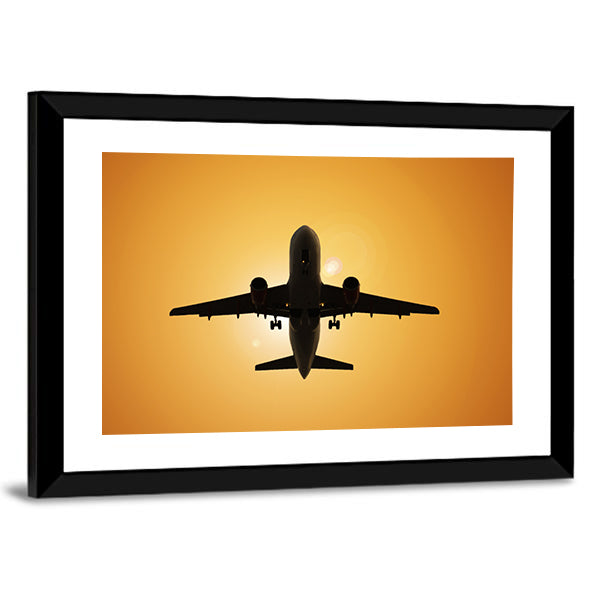 Airplane Silhouette Against the Sun Canvas Wall Art