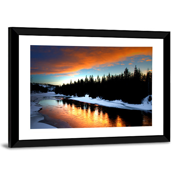 Winter River From Lapland Canvas Wall Art in black, orange and blue, framed print, product view on a white background