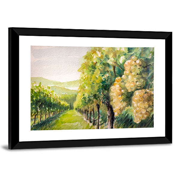 Sunlit Watercolor Vineyard Canvas Wall Art