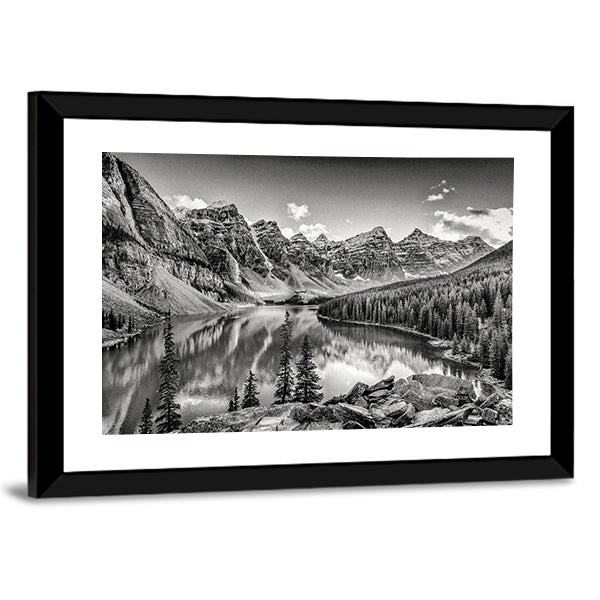 Glacial Mountain Lake with Pine Reflections Canvas Wall Art in black, white and gray, framed print, product view on a white background