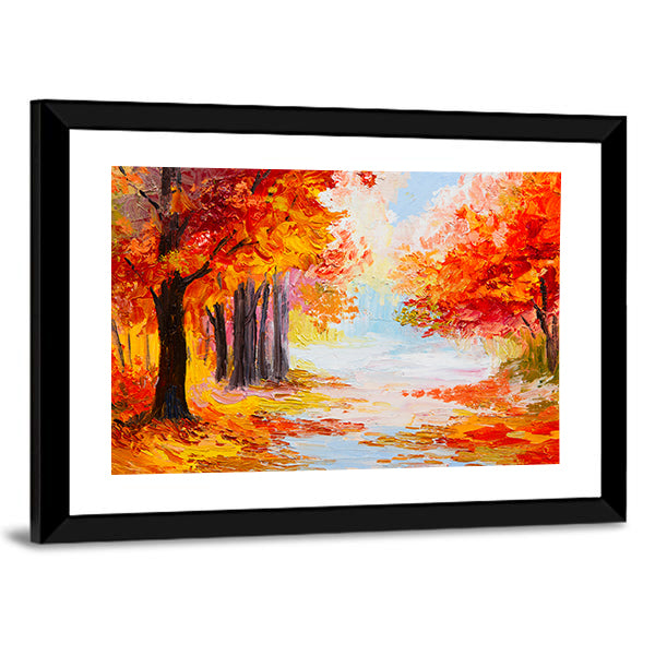 Colorful Autumn Forest Abstract Canvas Wall Art in red, orange and yellow, framed print, product view on a white background