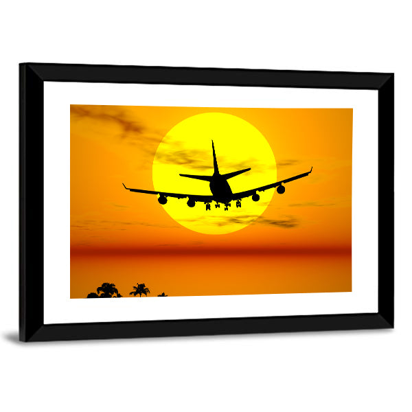 Airplane Silhouette Over Tropical Sunset Canvas Wall Art