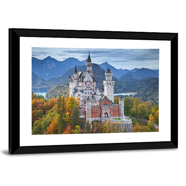 Neuschwanstein Castle with Turquoise Lake Canvas Wall Art in white, green and blue, framed print, product view on a white background