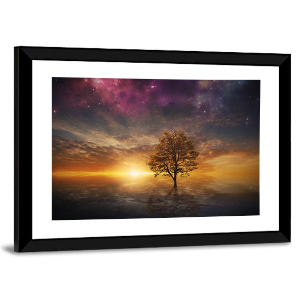 Surreal Tree Over Lake at Sunset Canvas Wall Art