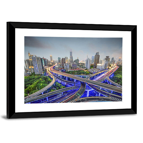 Shanghai Highway Junctions Canvas Wall Art in gray, green and blue, framed print, product view on a white background