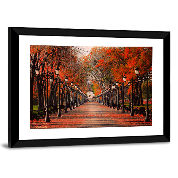 Red Autumn Park Pathway Canvas Wall Art in brown, red and orange, framed print, product view on a white background