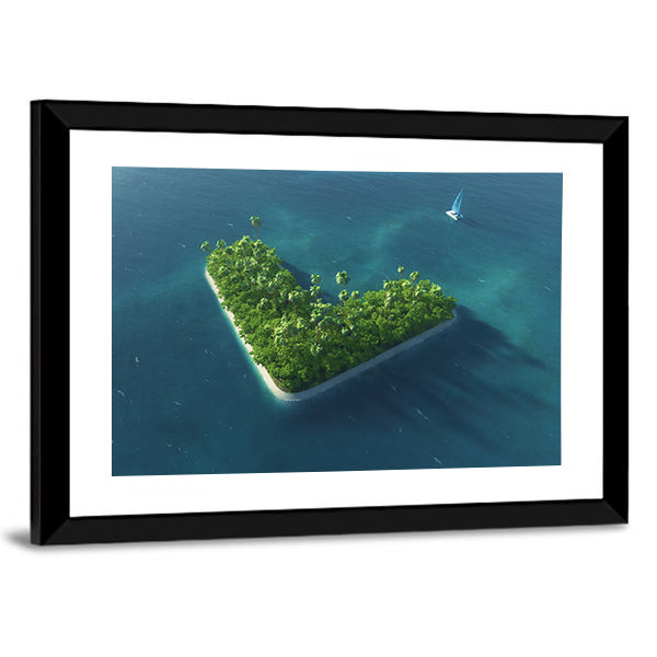 Heart-shaped Tropical Island with Sailboat Canvas Wall Art in green and blue, framed print, product view on a white background