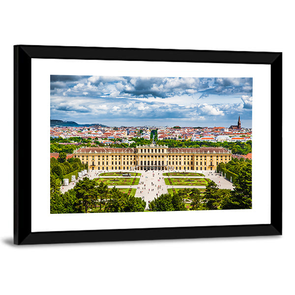 Schonbrunn Palace Parterre Garden, Vienna Canvas Wall Art in yellow, green and blue, framed print, product view on a white background