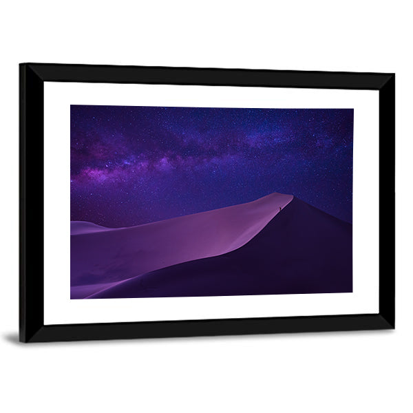 Milky Way Over Sahara Dunes Canvas Wall Art in black, blue and purple, framed print, product view on a white background