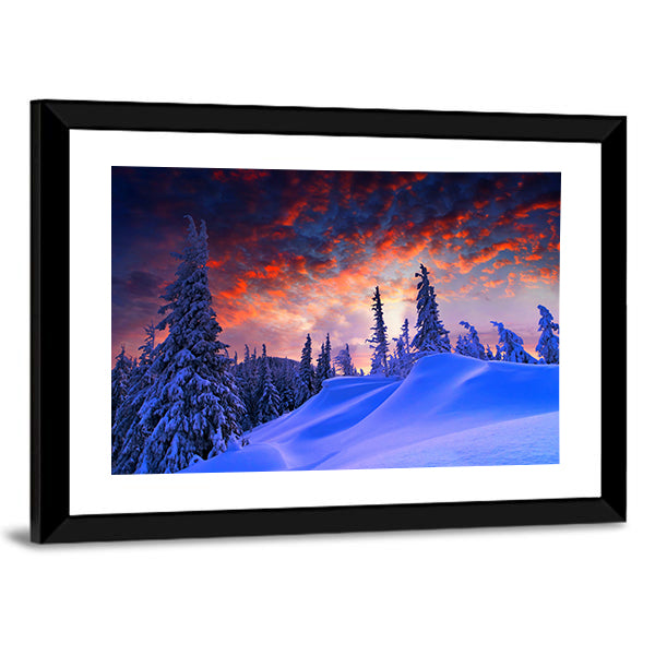 Snowy Winter Landscape At Sunset Canvas Wall Art
