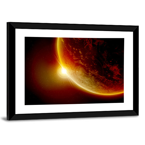 Red Planet Earth In Outer Space With Sun Canvas Wall Art in black, red and orange, framed print, product view on a white background