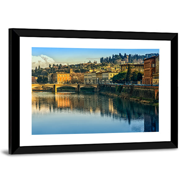 Arno River Reflection in Firenze Canvas Wall Art in brown, yellow and blue, framed print, product view on a white background