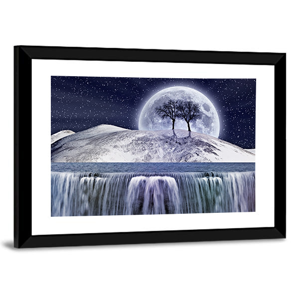 Winter Moonlight Landscape with Waterfall Canvas Wall Art