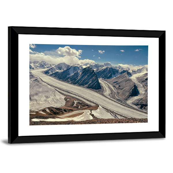 Fedchenko Glacier In Tajikistan Canvas Wall Art in white, brown and blue, framed print shown in a room