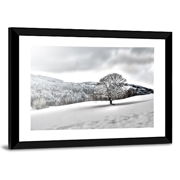 Lonely Tree In Snowy Landscape Canvas Wall Art