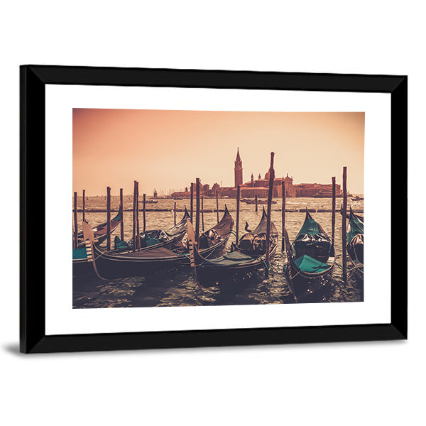 Gondolas Against Venice Panorama In Canal Canvas Wall Art