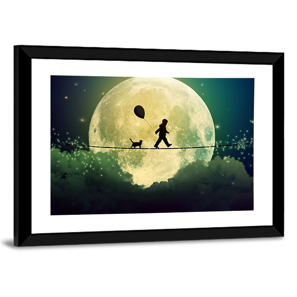 Child on Tightrope Under Full Moon Canvas Wall Art in black, yellow and green, framed print, product view on a white background