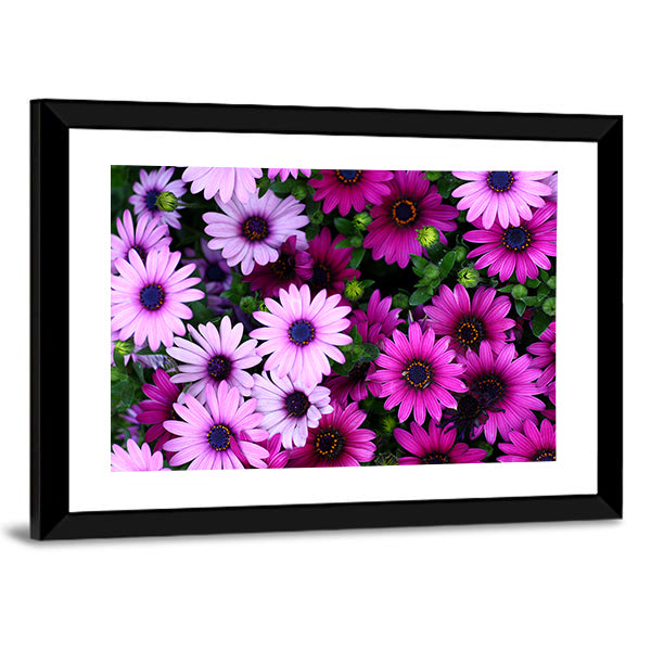 Flowers In The Garden Canvas Wall Art in green, purple and pink, framed print, product view on a white background