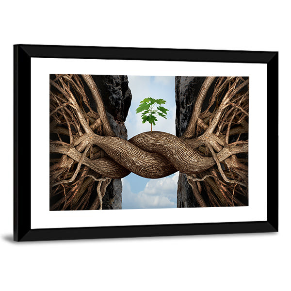 Roots Bridging a Chasm with Green Sapling Canvas Wall Art