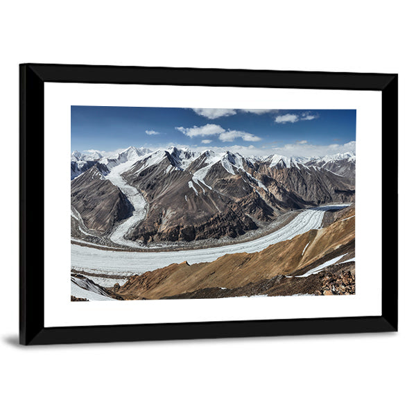 Scenic Fedchenko Glacier In Tajikistan Canvas Wall Art in white, brown and blue, framed print, product view on a white background