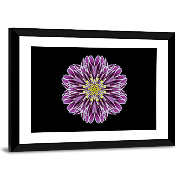 Scenic Purple Mandala Flower Canvas Wall Art in black and purple, framed print, product view on a white background