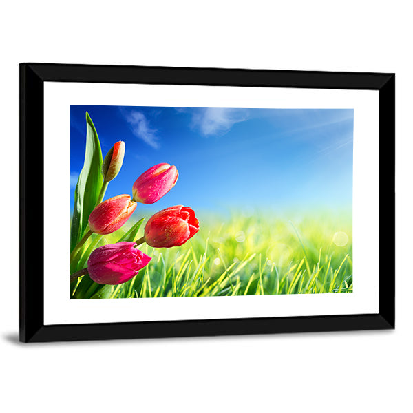 Sunny Spring Tulips in Meadow Canvas Wall Art in green, blue and pink, framed print, product view on a white background