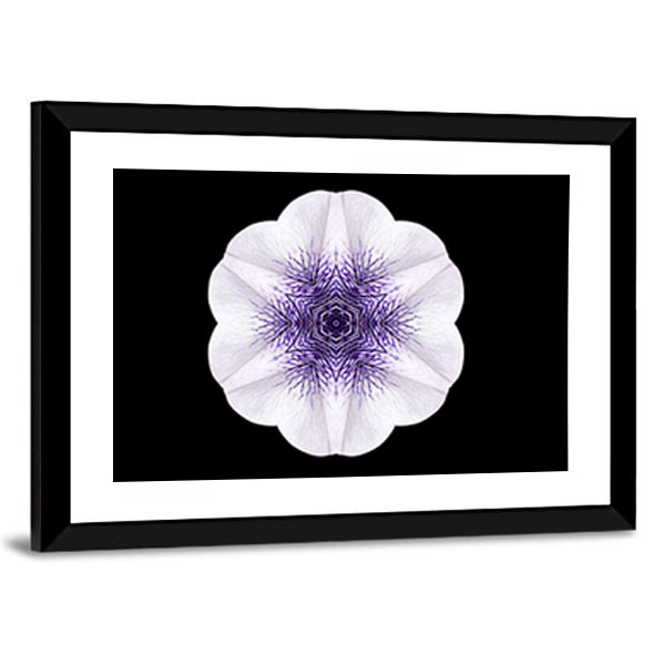 White Flower Mandala Canvas Wall Art in black, white and purple, framed print, product view on a white background