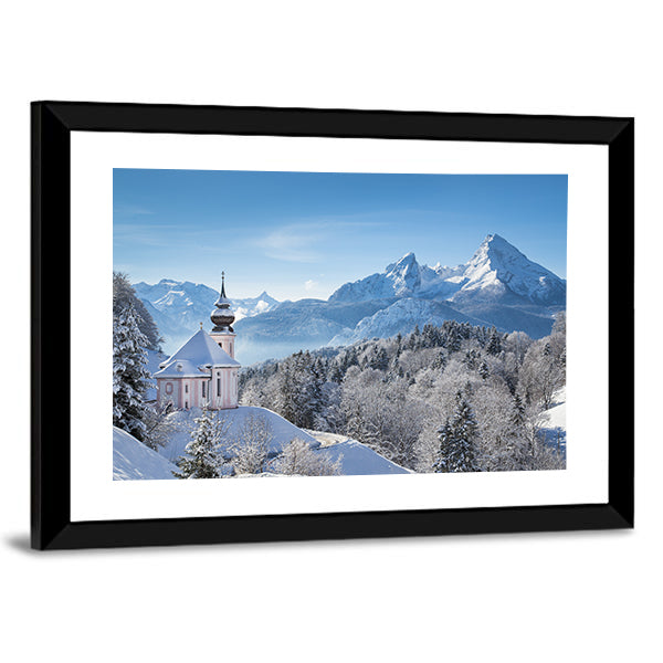 Snowy Alps With Church In Bavaria Canvas Wall Art