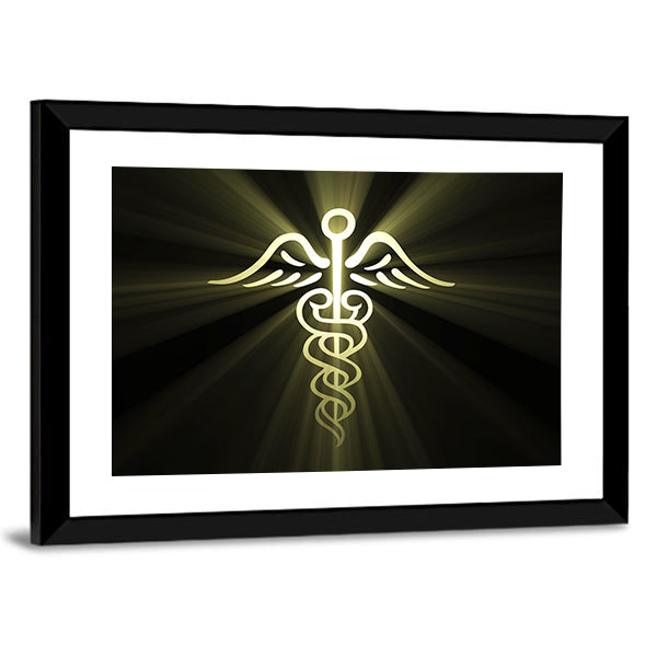 Golden Caduceus with Radiant Light Canvas Wall Art