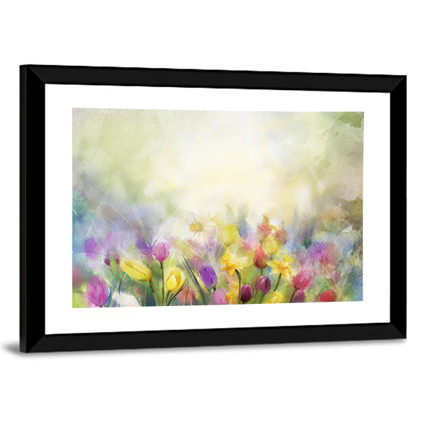 Watercolor Daffodil and Tulip Meadow Canvas Wall Art