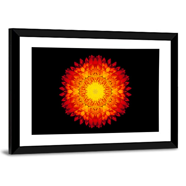 Red Flower Mandala Canvas Wall Art in black, red and yellow, framed print, product view on a white background