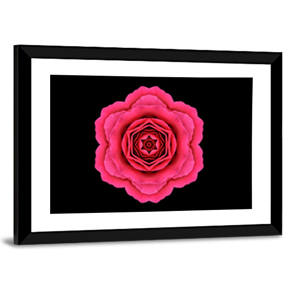 Pink Kaleidoscope Flower Canvas Wall Art in black and pink, framed print, product view on a white background
