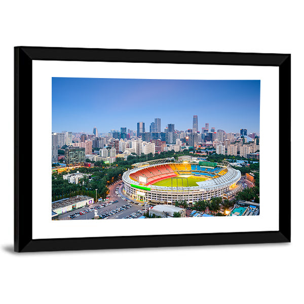 Stadium In Beijing Cityscape Canvas Wall Art in gray, green and blue, framed print, product view on a white background