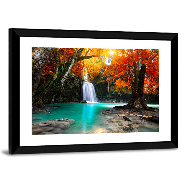 Deep Forest Waterfall In Kanchanaburi Thailand Canvas Wall Art in orange, green and blue, framed print, product view on a white background