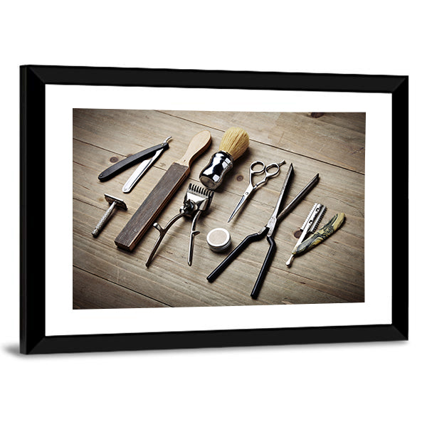 Vintage Barber Tools Flat Lay Canvas Wall Art in beige, brown and silver, framed print, product view on a white background