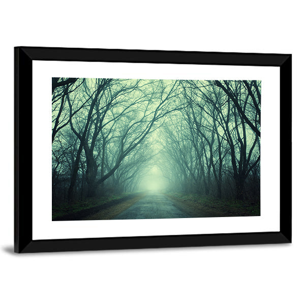 Mysterious Path In Dark Autumn Forest Canvas Wall Art in black, gray and green, framed print, product view on a white background