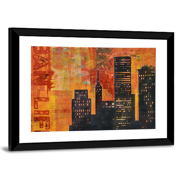Abstract Urban Skyline with Stenciled Text Canvas Wall Art