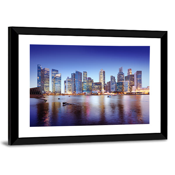 Singapore Cityscape Canvas Wall Art in yellow, blue and navy, framed print, product view on a white background