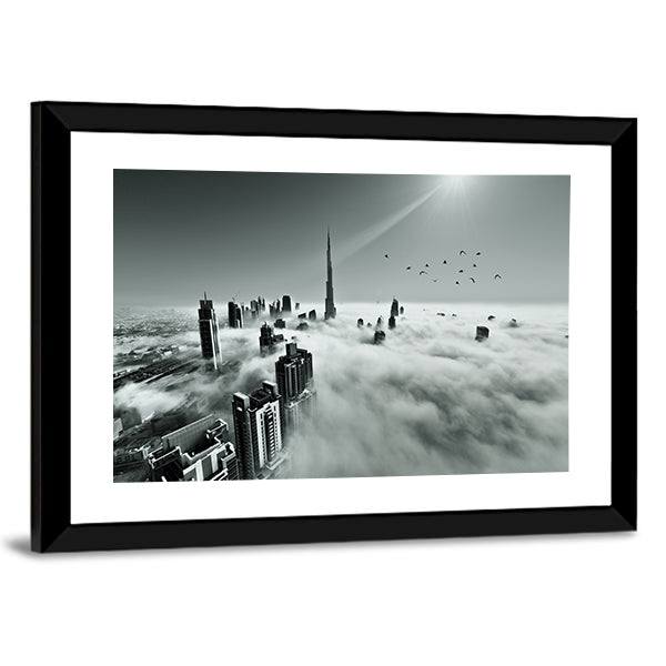 Dubai Downtown In Dense Fog Canvas Wall Art in black, white and gray, framed print, product view on a white background