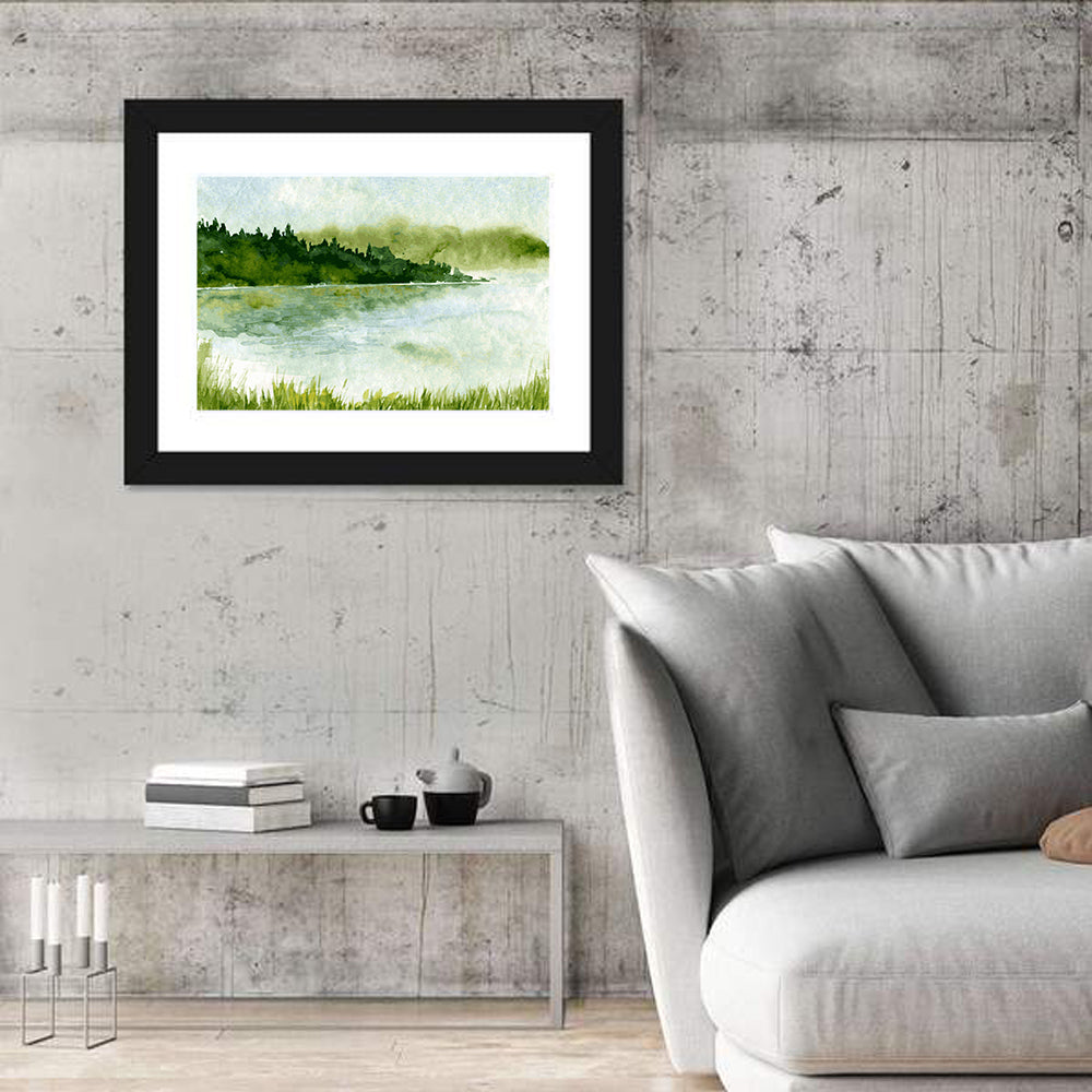 Watercolor River and Spruce Forest Canvas Wall Art