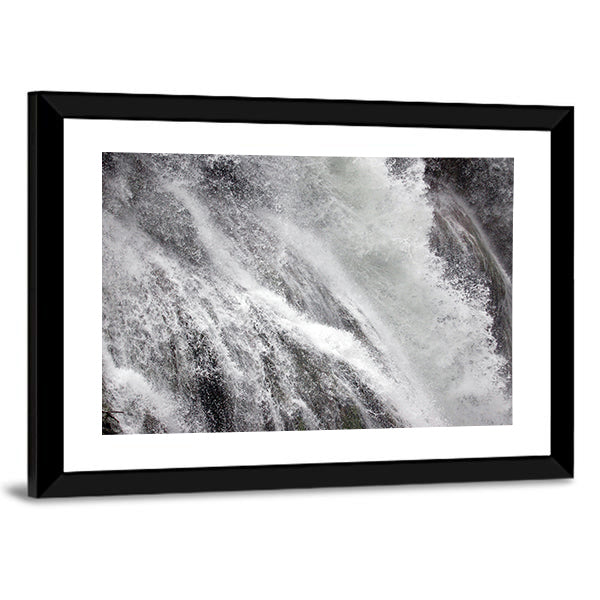 Marmore Falls in Italy Canvas Wall Art in black, white and gray, framed print, product view on a white background