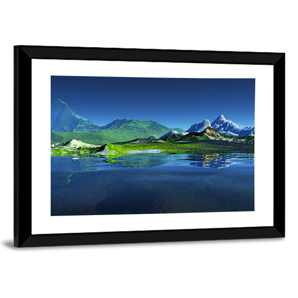 Serene Mountain Lake Reflection Canvas Wall Art in green and blue, framed print, product view on a white background