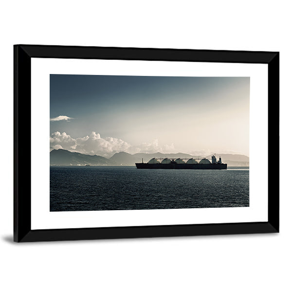 Liquefied Natural Gas LNG Carrier Ship In Sea Canvas Wall Art in white, gray and blue, framed print, product view on a white background