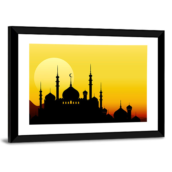 Ramadan Mosque Silhouette with Golden Sun Canvas Wall Art