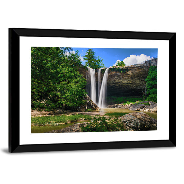 Noccalula Waterfall with Split Falls Canvas Wall Art in brown, green and blue, framed print, product view on a white background