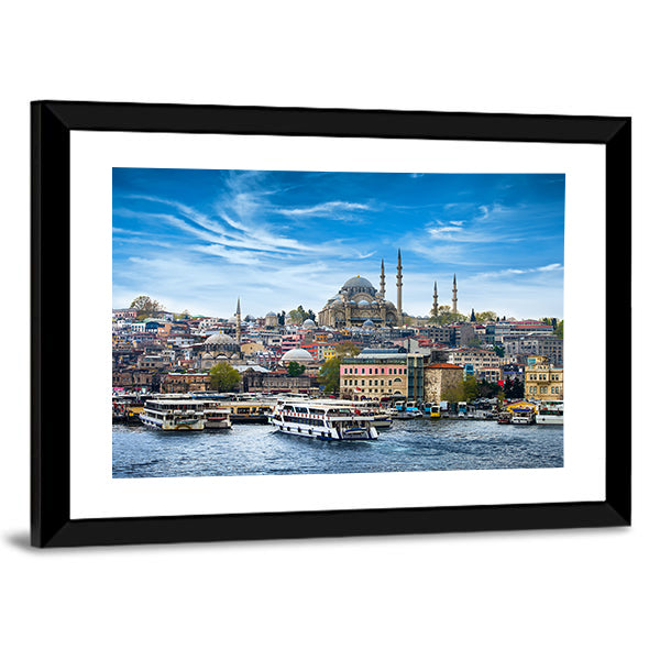 Istanbul The Capital Of Turkey Canvas Wall Art in blue and multicolor, framed print, product view on a white background