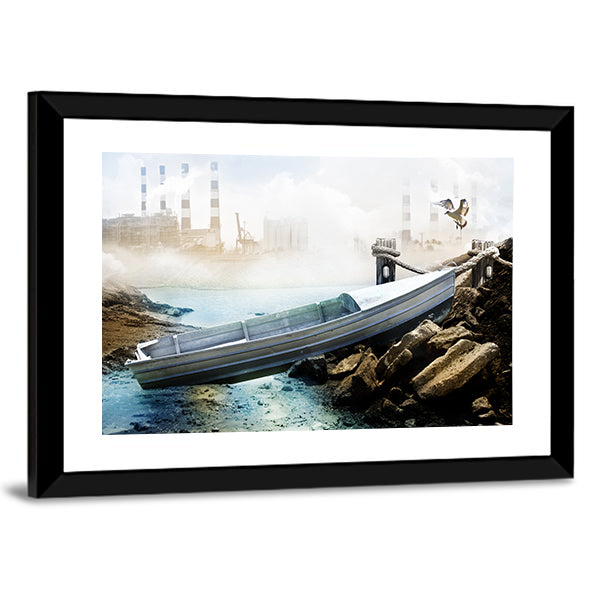 Weathered Boat at Industrial Shoreline Canvas Wall Art